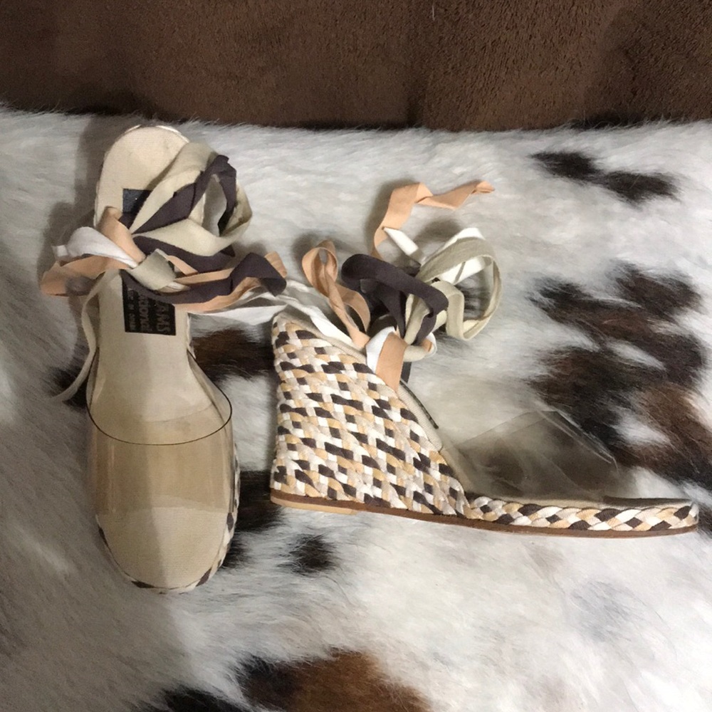Size 5M Cotton Ribbon High Wedge Heel Sandal